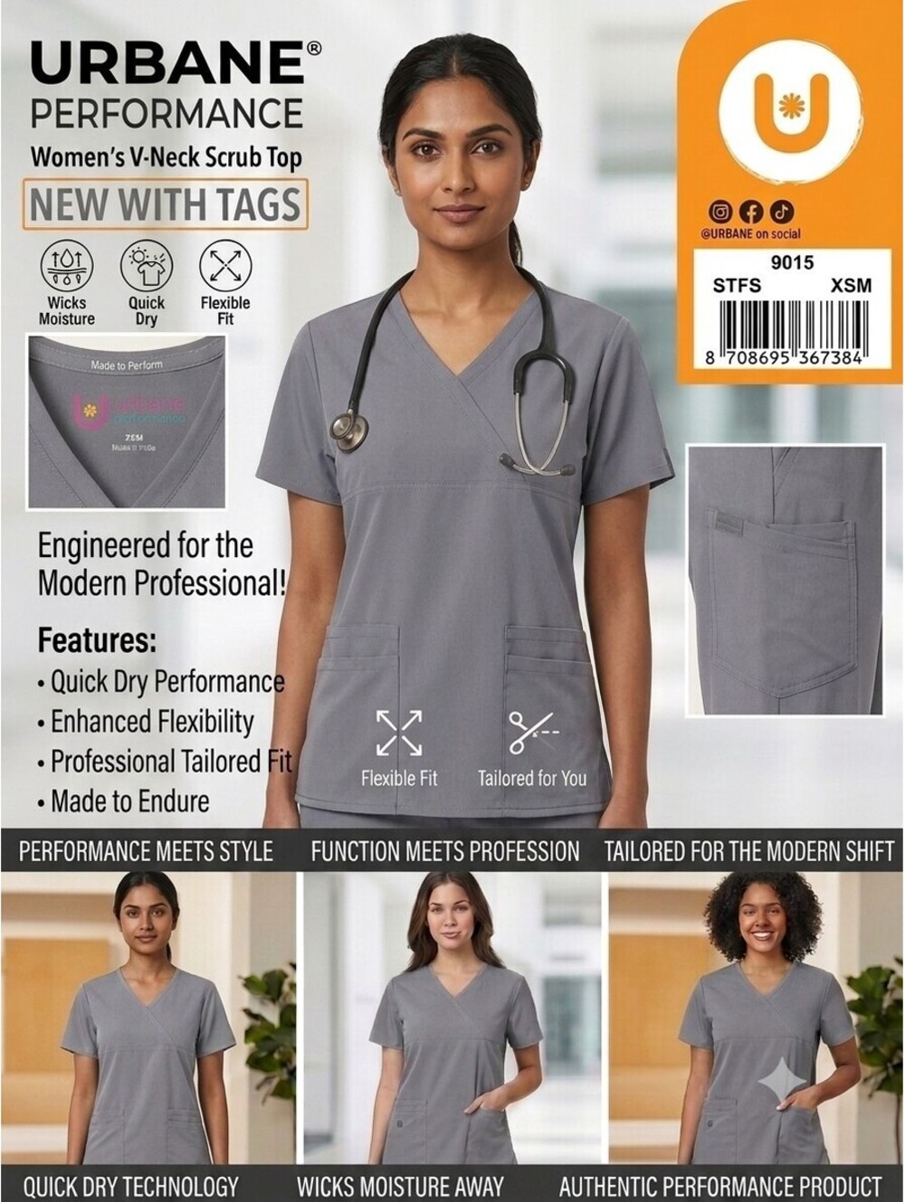 URBANE IMPULSE Women's V-Neck Medical Scrub Top – Size XS (Gray)